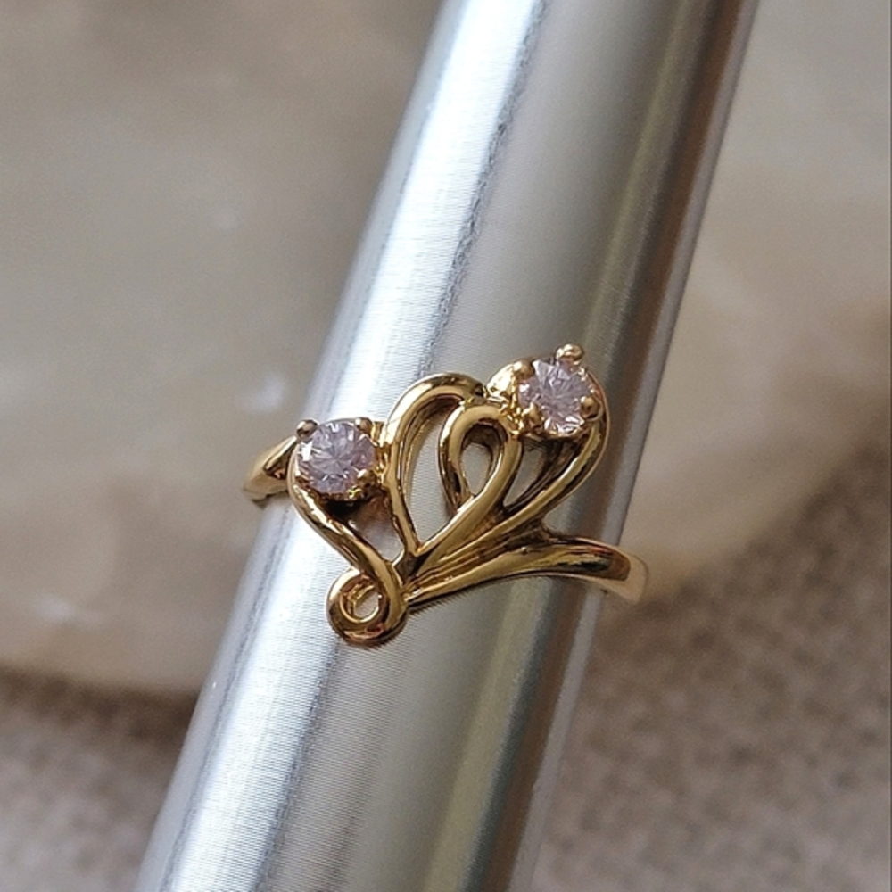 Vintage COP 92 Double Heart Simulated Stones Ring Gold Tone